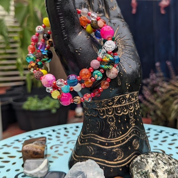 Jasper Agate Crystals Beaded Bracelet Handmade Festival Colorful Rainbow Quartz - Picture 6 of 13